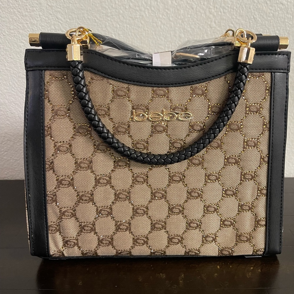 🔥BRAND NEW BEBE Tan and Black Tote with Gold Accents SPARKLY in front side